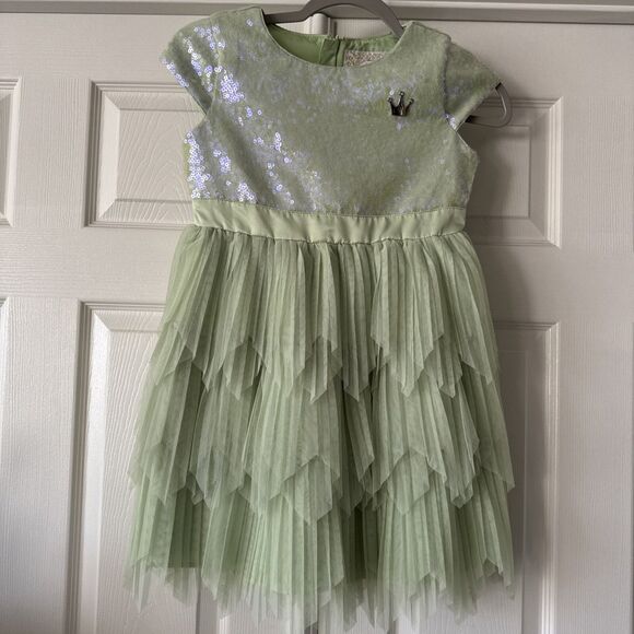 Disney Princess Tiana Girls Dress Sz 9/10 Green Tiered Sequins Fairycore Tulle - Picture 2 of 14